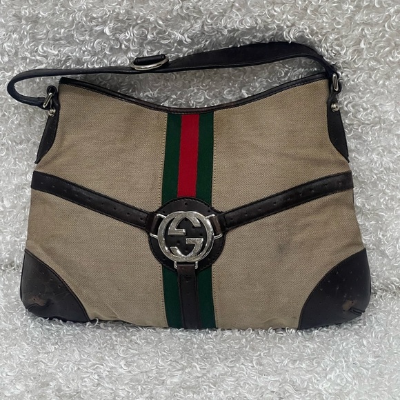 Gucci Brown GG Reins Canvas Web Hobo - Picture 1 of 16
